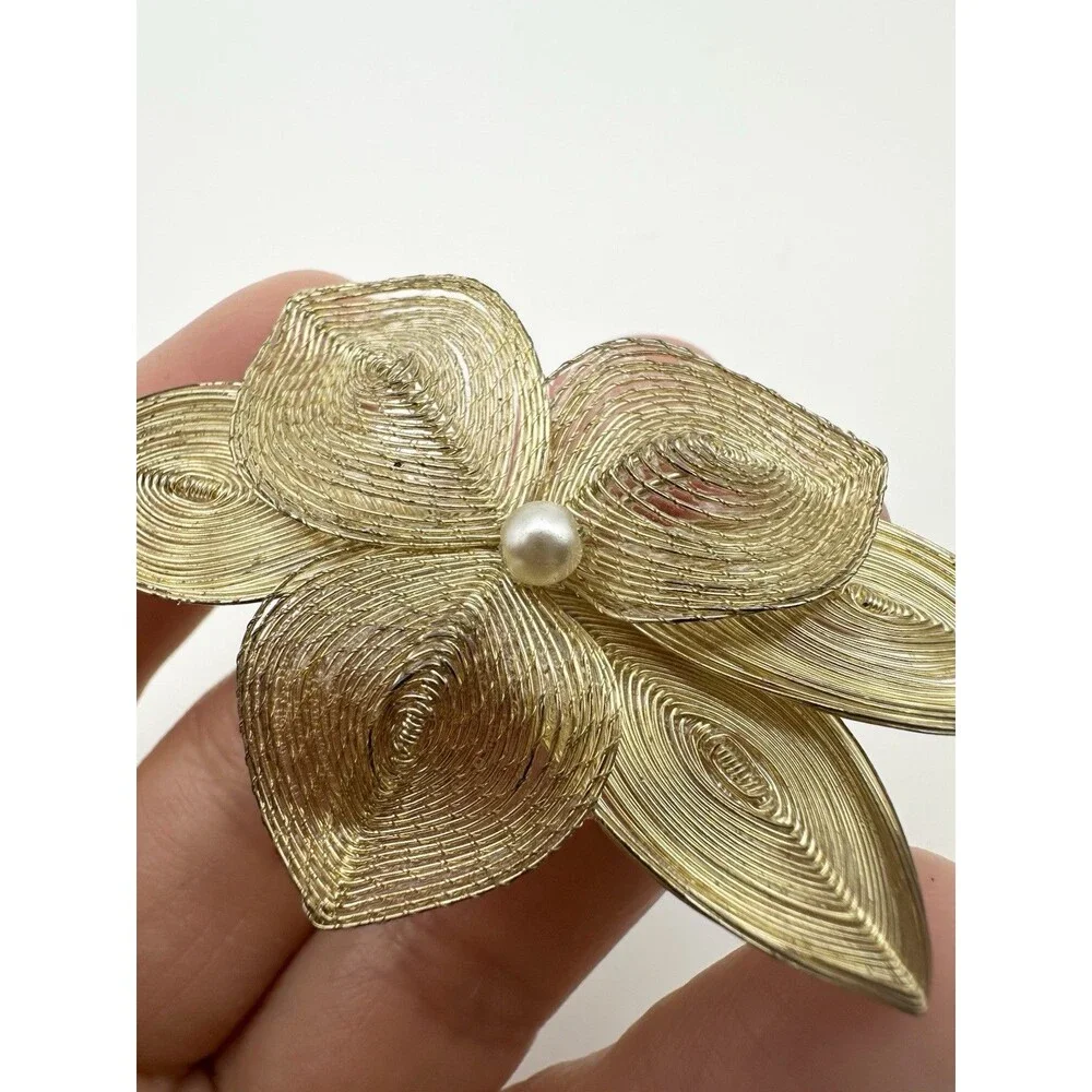 Germany Vintage 50's Spun Wire Flower Brooch Filigree Faux Pearl